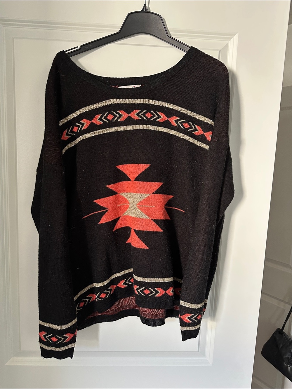 Black Aztec-Accent Crewneck Sweater with Red Motif